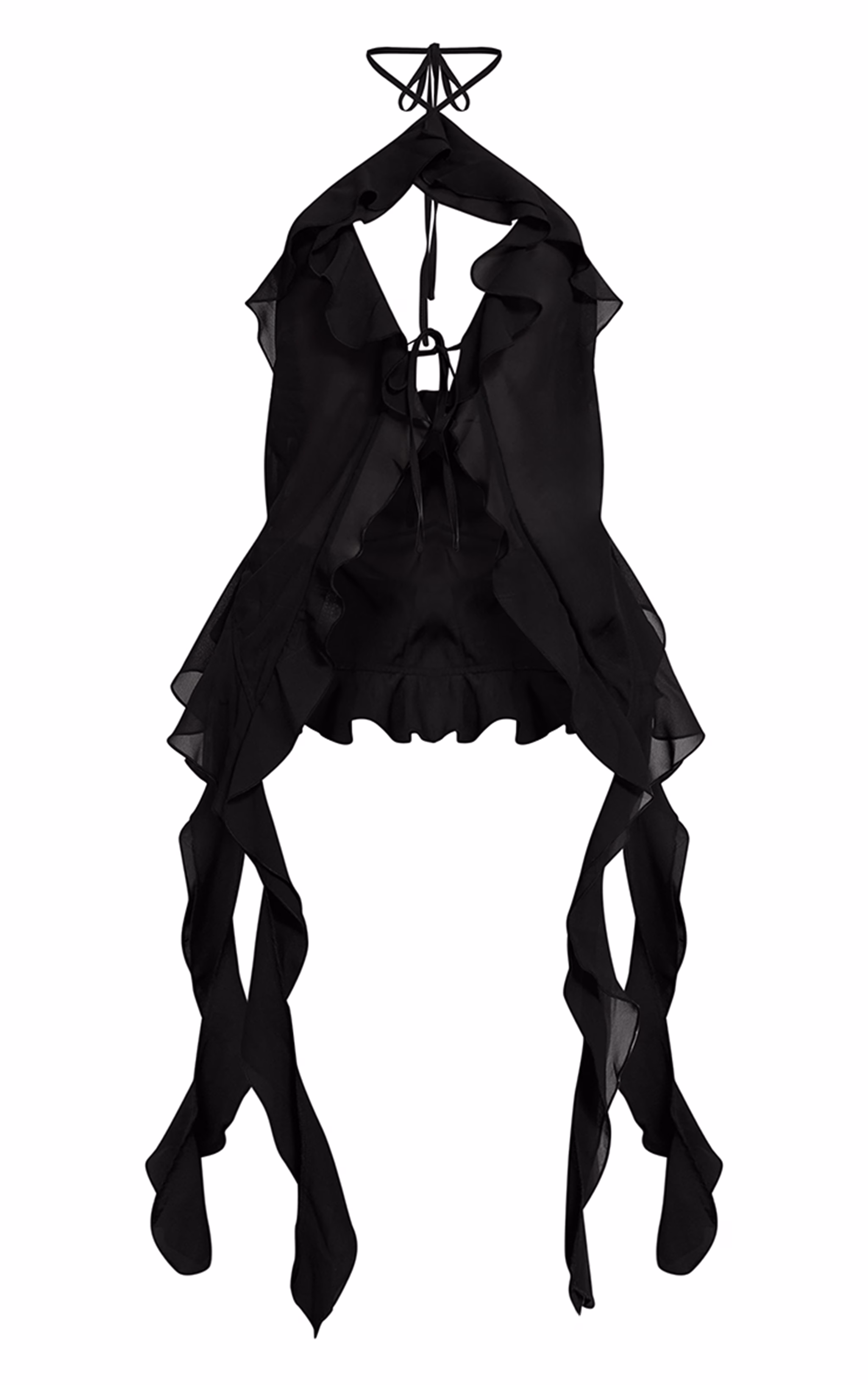 Black Chiffon Ruffle Drape Detail Longline Top