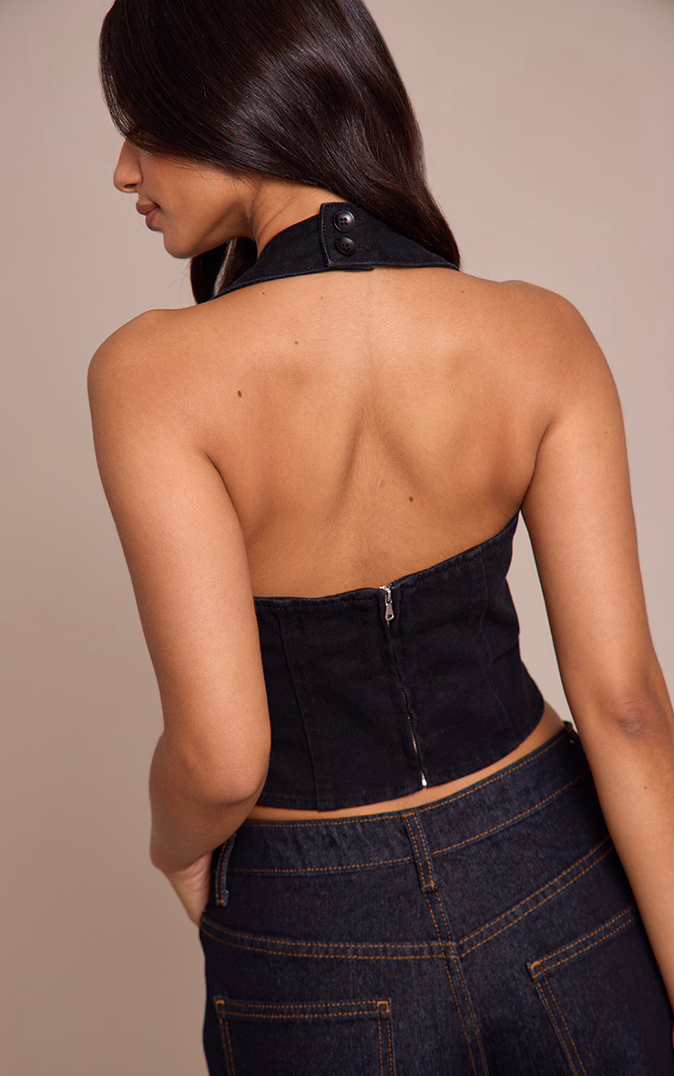 Petite Black Denim Halterneck Top