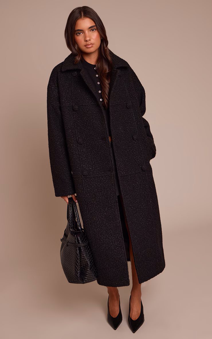 Black Boucle Double Breasted Maxi Coat