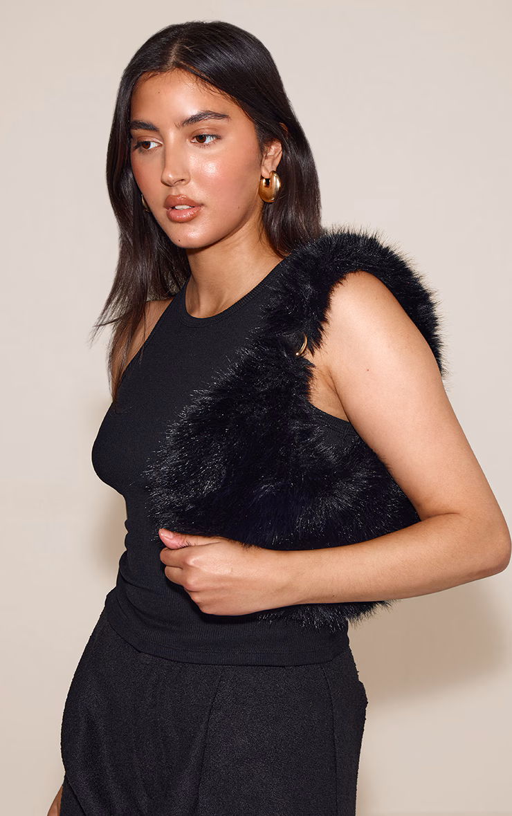 Black Faux Fur Zipped Shoulder Bag