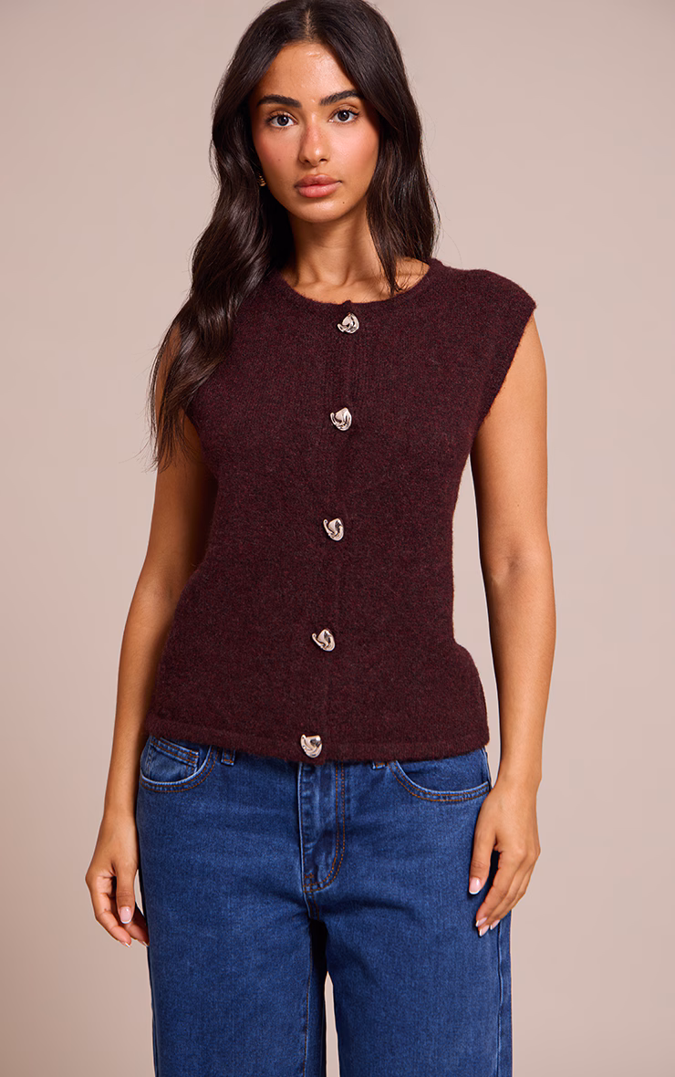 Petite Burgundy Button Up Knitted Vest