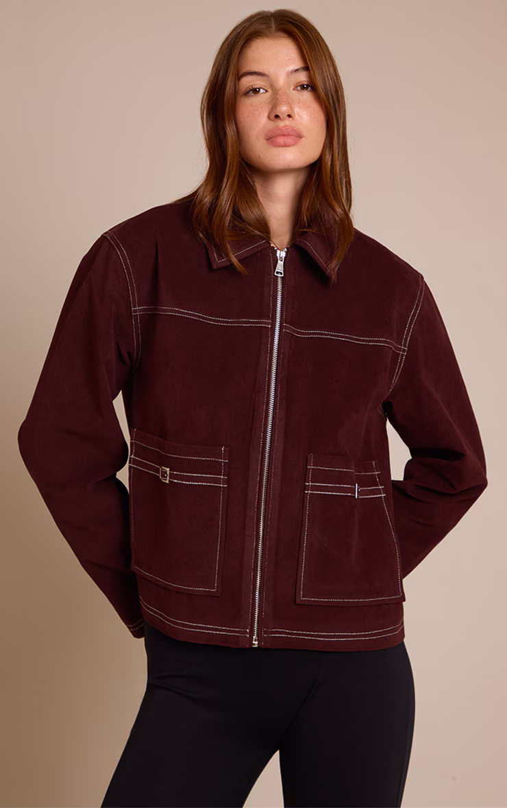 Burgundy Pocket Detail Faux Suede Jacket