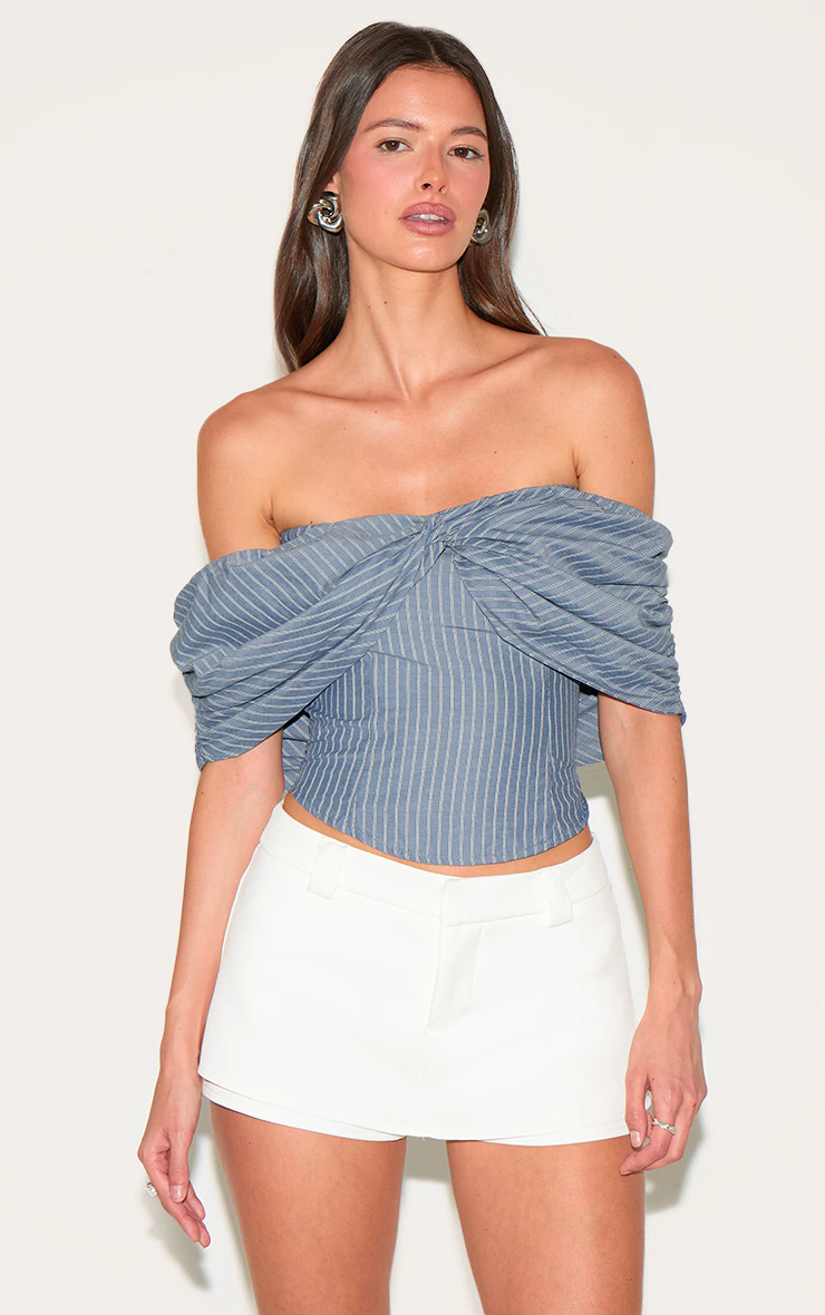 Grey Striped Cotton Twist Detail Bardot Top