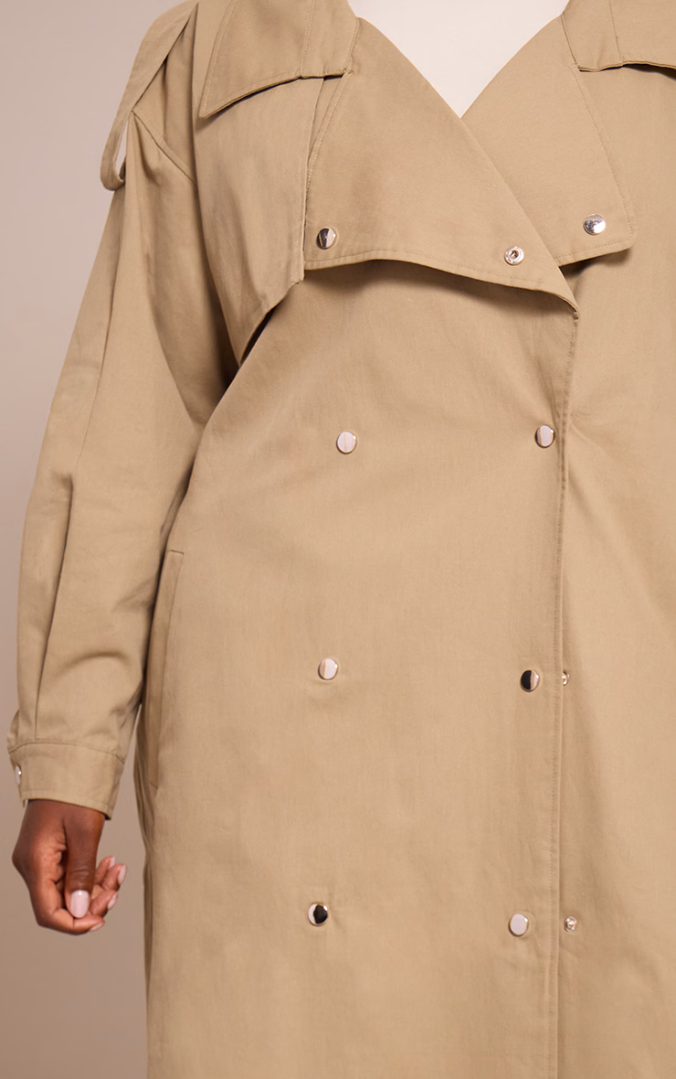Plus Light Khaki Popper Detail Trench Coat