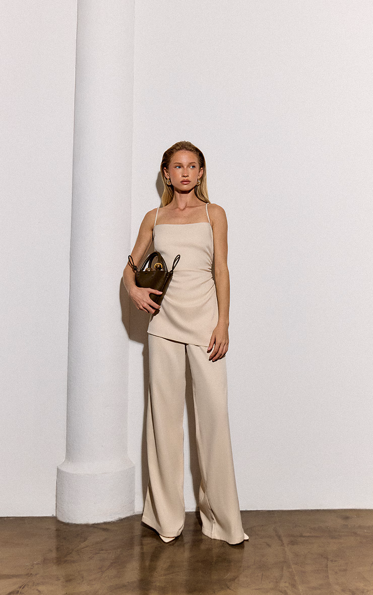 Oyster Woven Ruched Bodice Overlay Straight Leg Jumpsuit