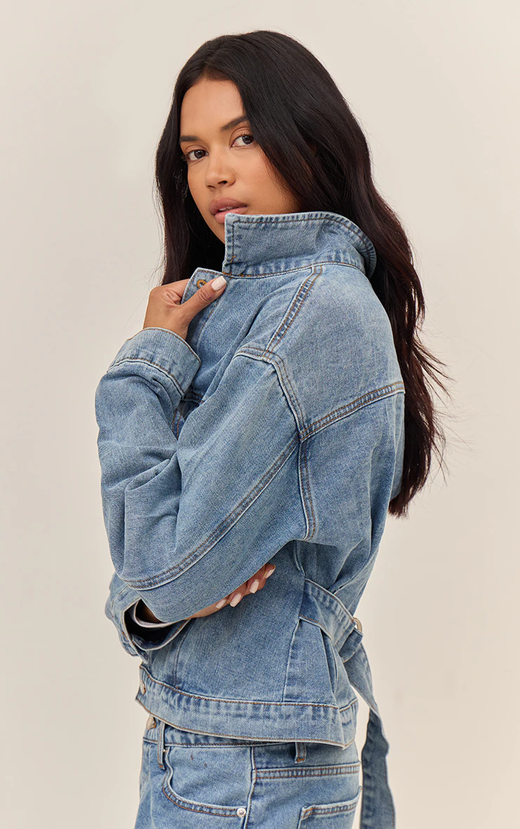 Mid Blue Wash Pleated Cinch Back Denim Jacket