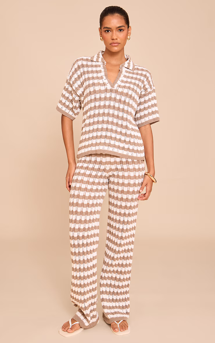 Mocha Crochet Stripe Rugby Knit Top