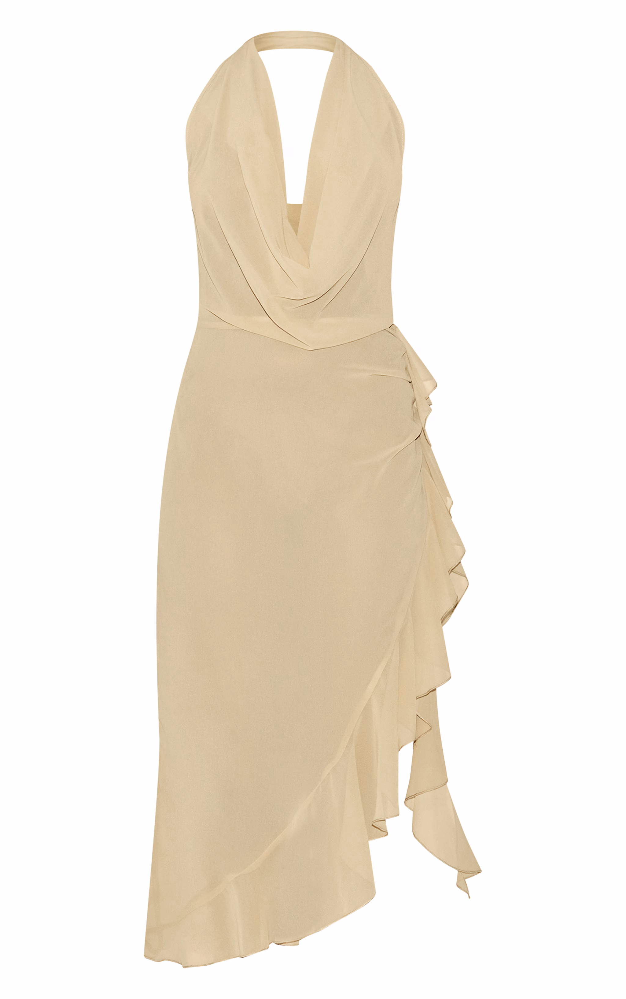 Mustard Cowl Ruffle Split Detail Midi Dress