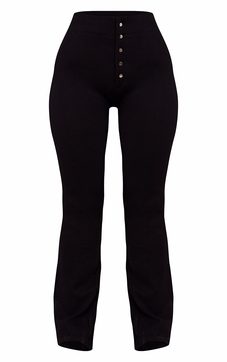 Petite Black Snatched Rib Button Detail Flare Leggings