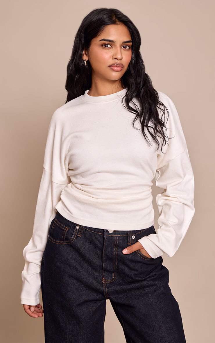 Petite Cream Ruched Waist Long Sleeve Top