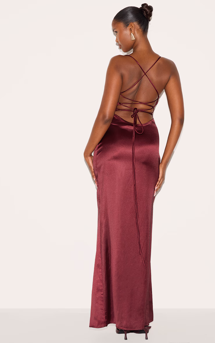 Plum Satin Tie Back Maxi Dress