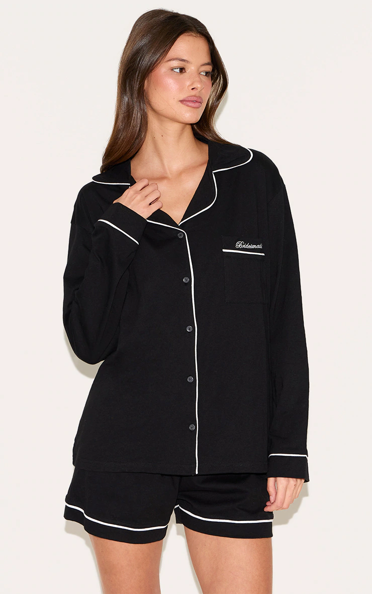 Black Bridesmaid Embroidered Jersey Piping Short Pj Set