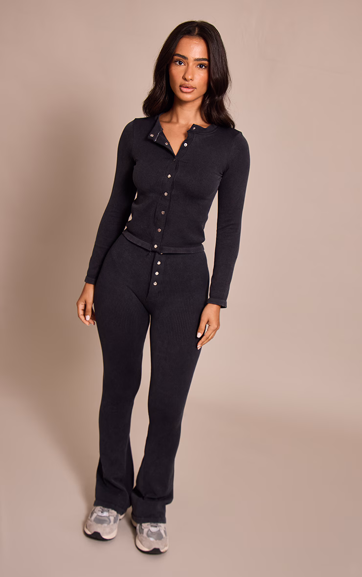 Petite Charcoal Faded Snatched Rib Button Detail Flared Leggings