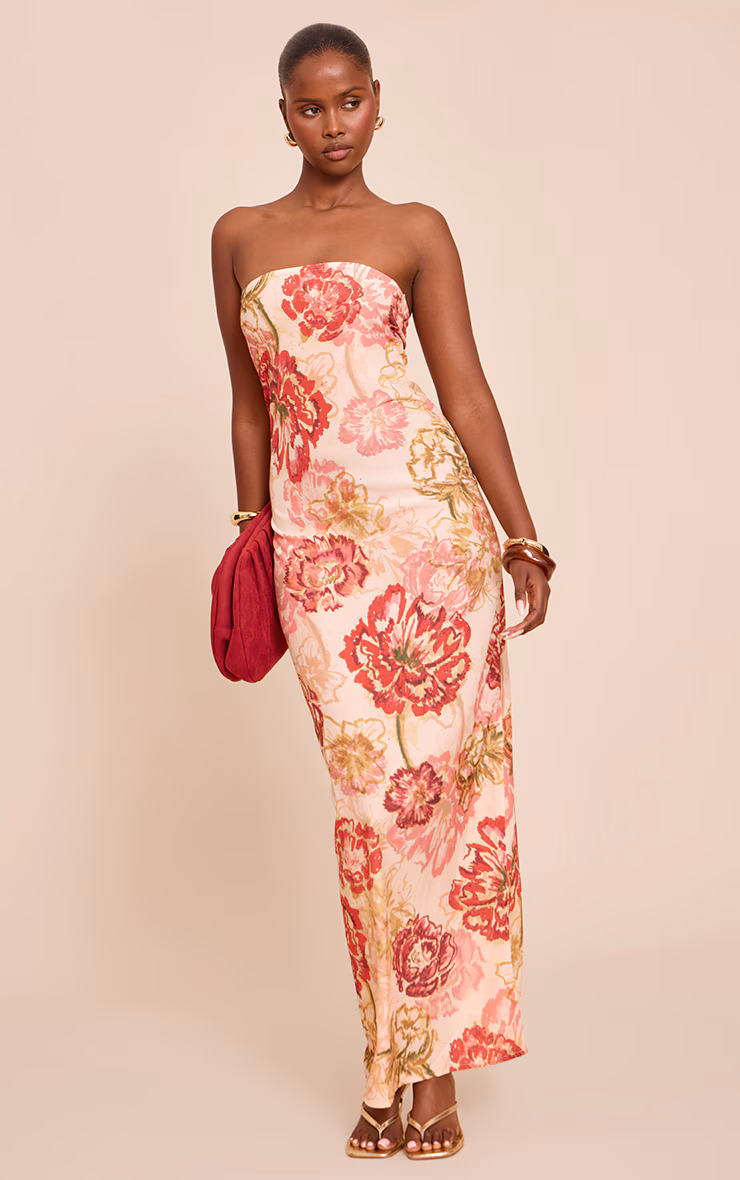 Multi Floral Print Chiffon Bandeau Maxi Dress