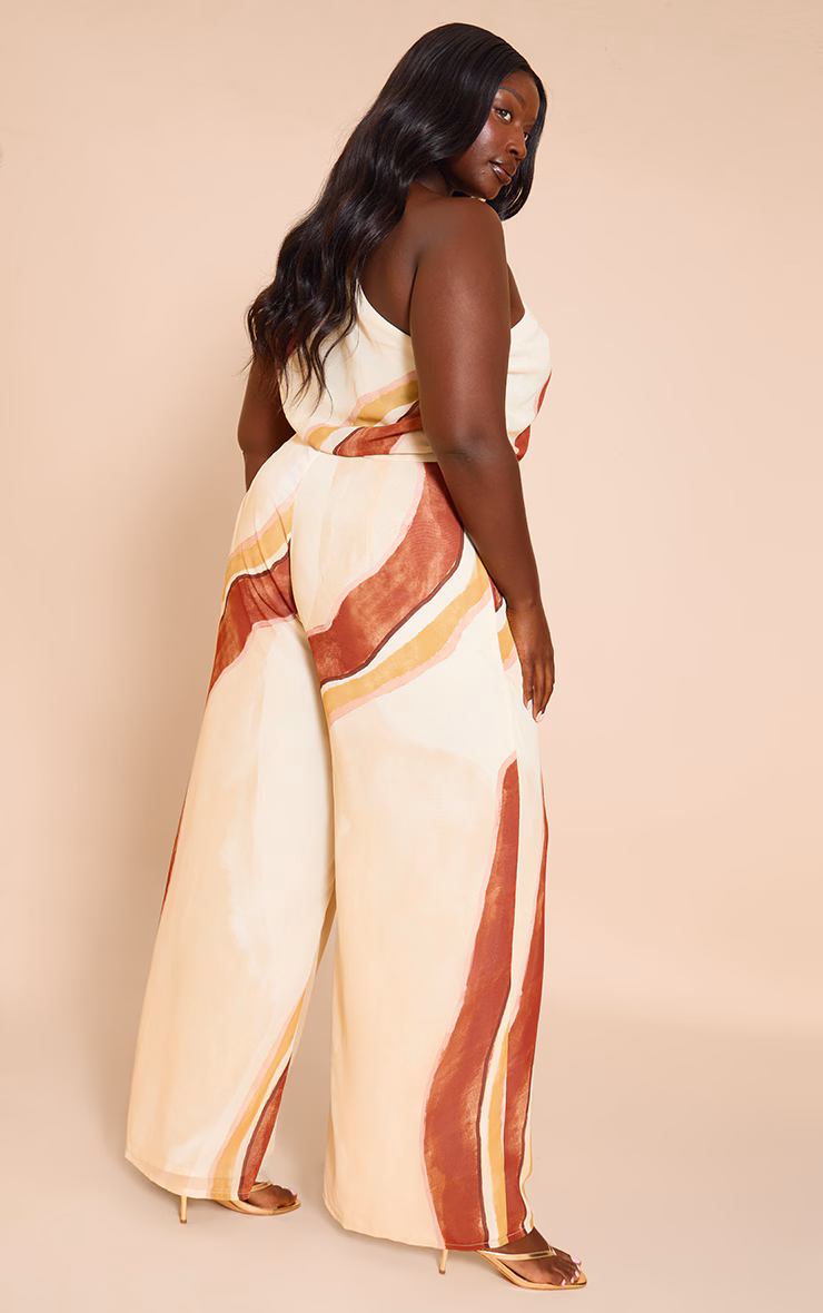 Plus Cream Abstract Chiffon One Shoulder Ruched Jumpsuit