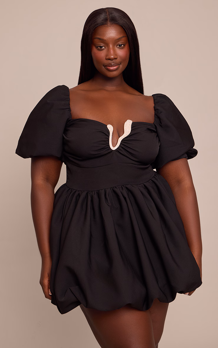 Plus Black Woven Diamante Trim Puffball Mini Dress