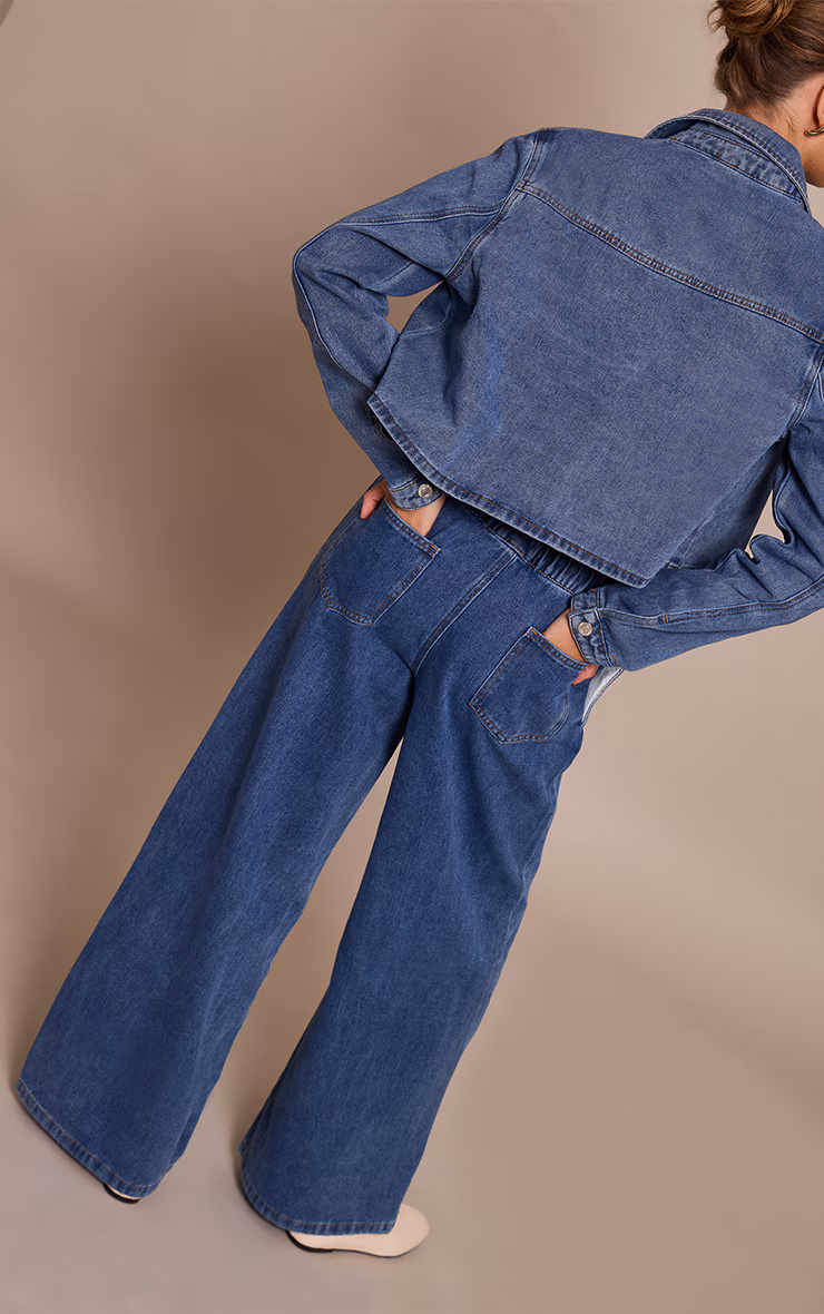 Mid Blue Relaxed Tie Waistband Wide Leg Jeans
