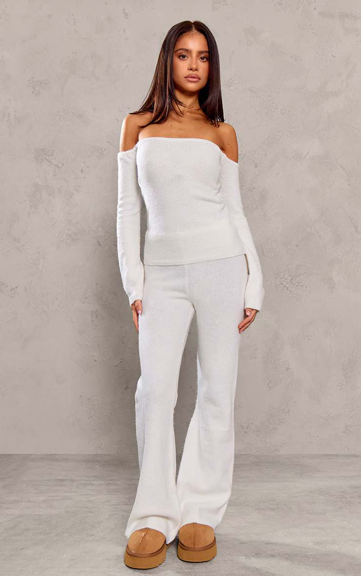 Petite Cream Knitted High Waisted Flares