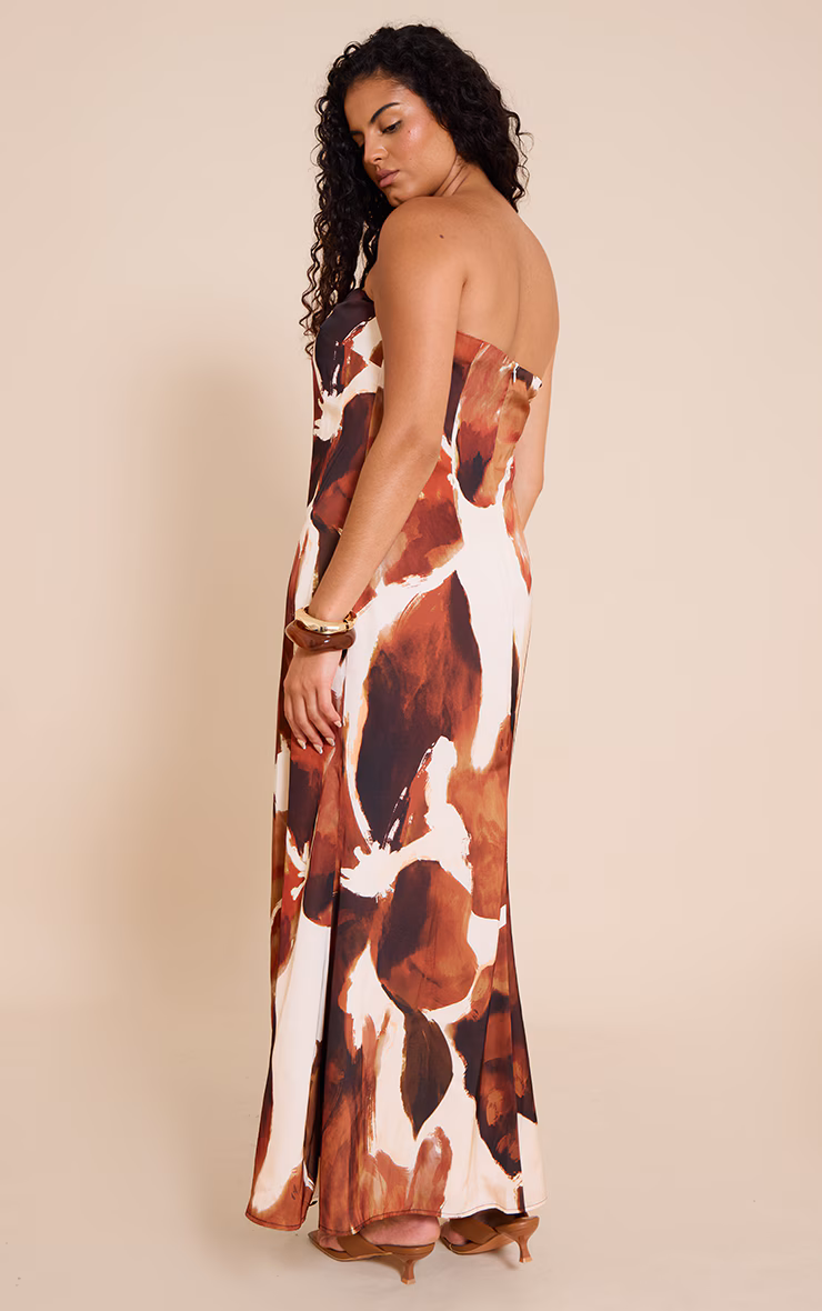 Plus Brown Floral Satin Maxi Dress
