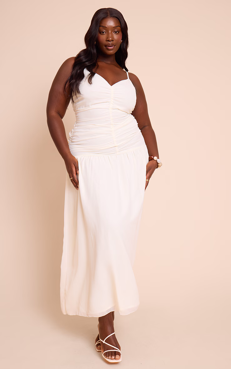 Plus Almond Chiffon Ruched Dropped Waist Maxi Dress