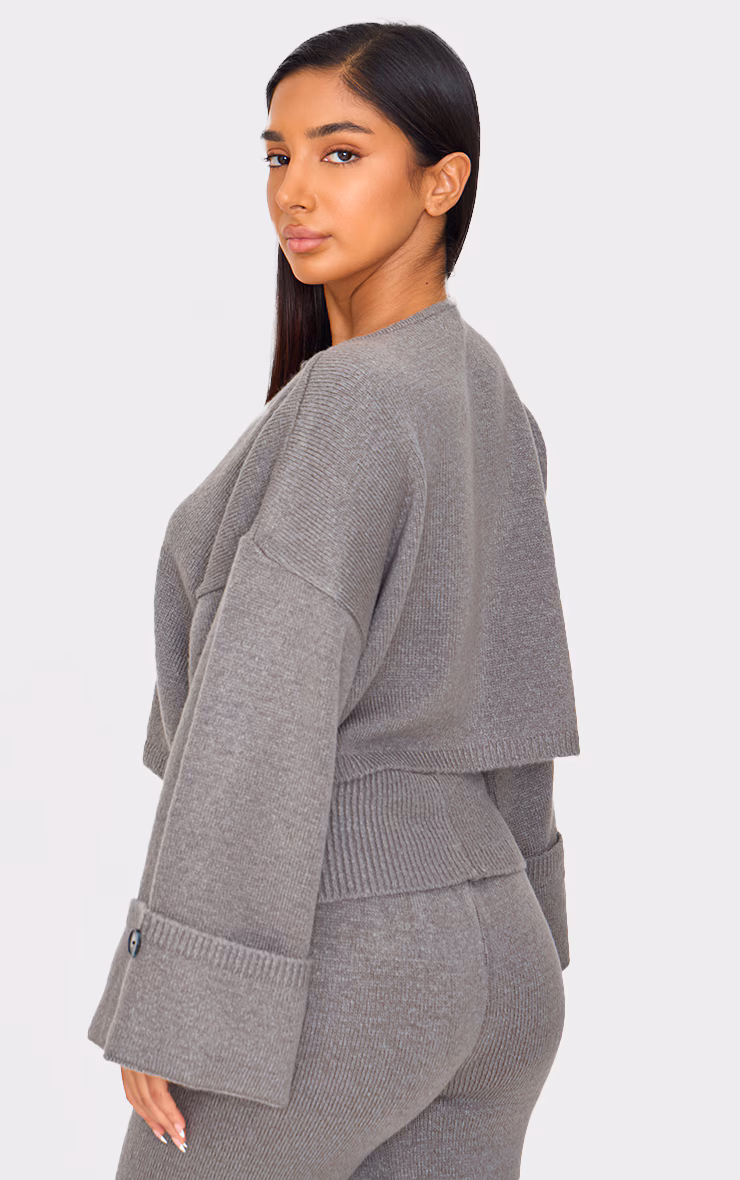 Petite Ash Grey Knitted Turn Up Sleeve Cardigan