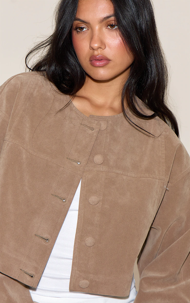 Beige Cropped Ruched Sleeve Detail Suede Jacket
