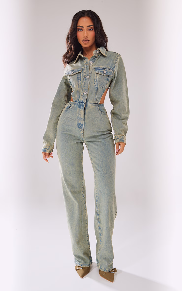 Petite Vintage Wash Denim Cut Out Jumpsuit