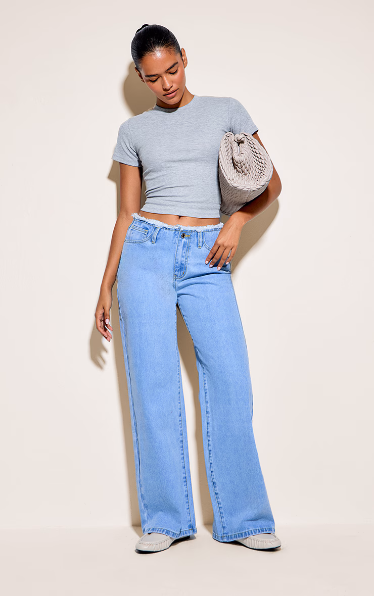 Light Blue Wash Fray Waistband Low Waist Straight Leg Jean