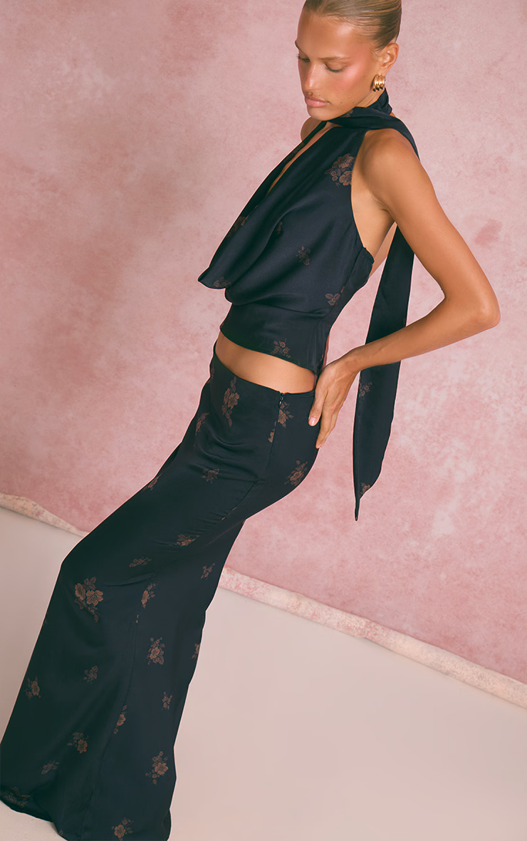 Navy Ditsy Floral Satin Maxi Skirt