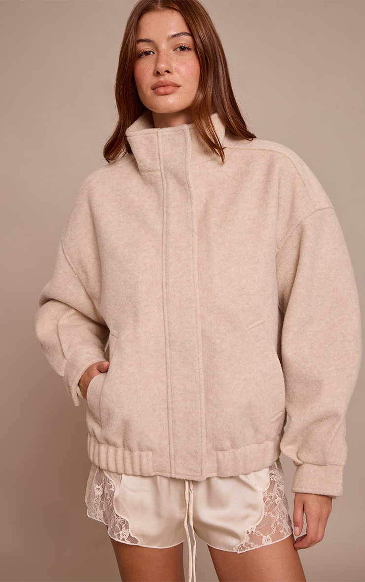 Cream Funnel Neck Bomber Jacket