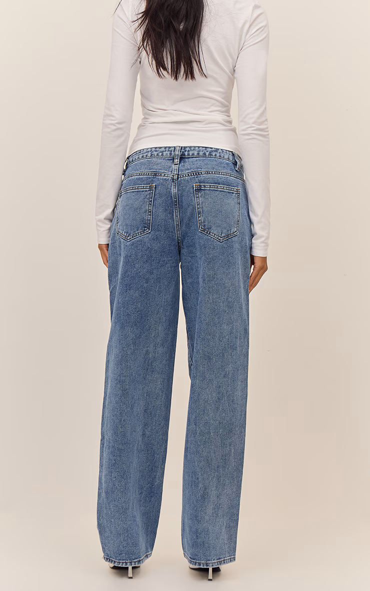 Mid Blue Wash Mid Rise Straight Leg Jeans
