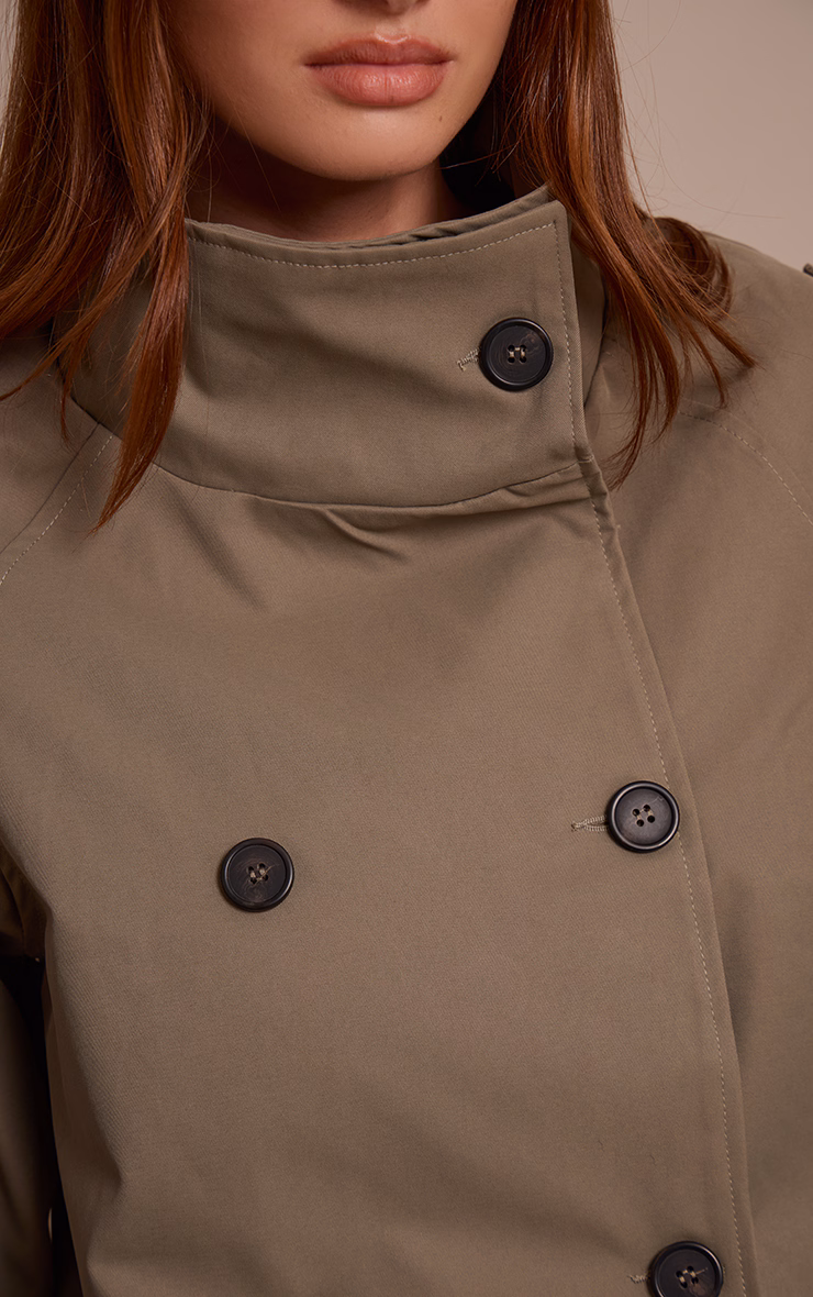 Olive Double Breasted Funnel Neck Cropped Trench Coat