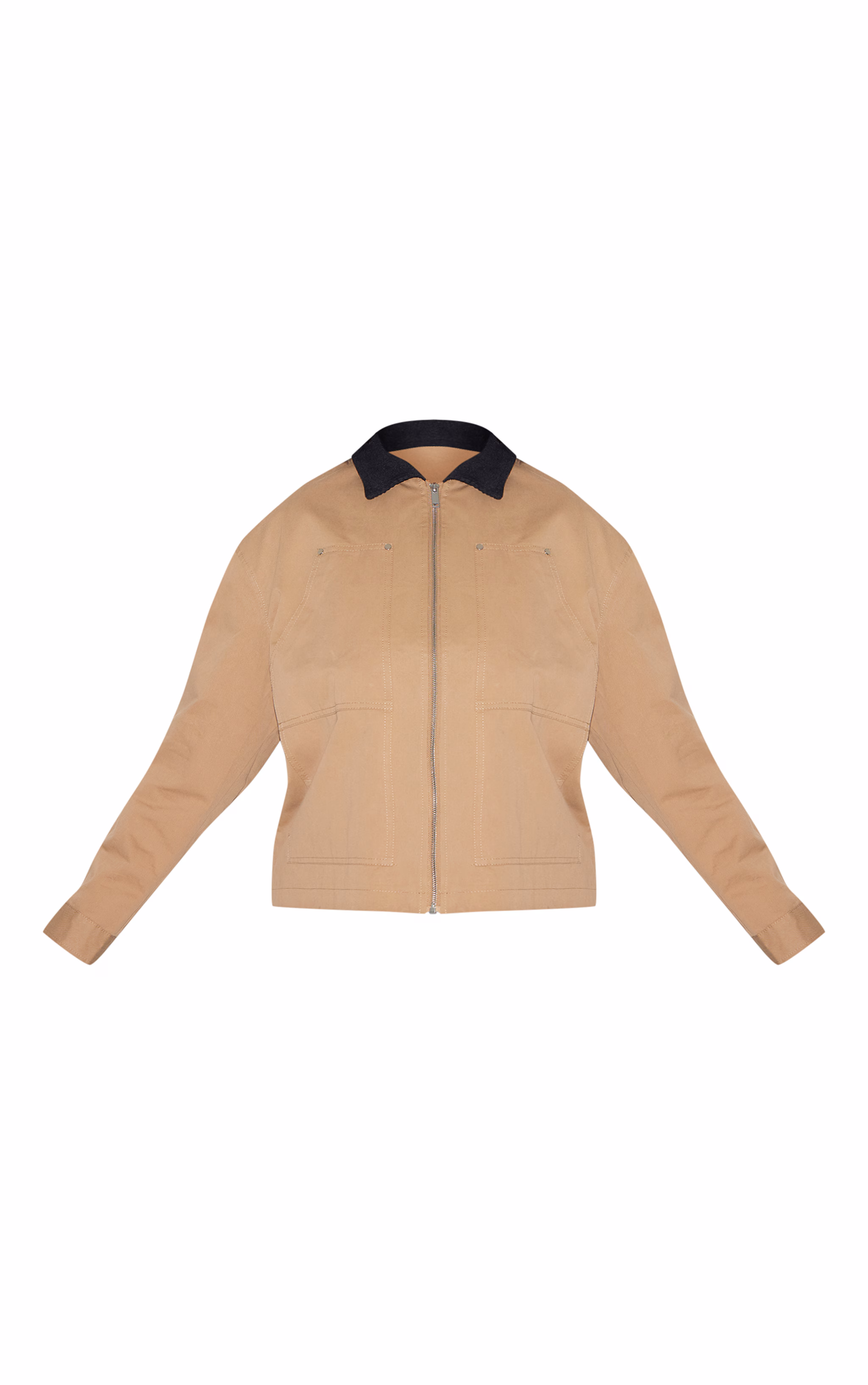 Plus Beige Contrast Collar Pocket Detail Trucker Jacket