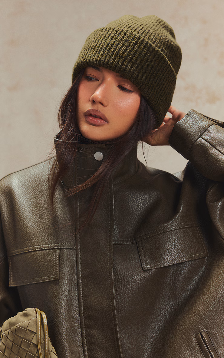 Olive Brushed Knit Fold Over Beanie