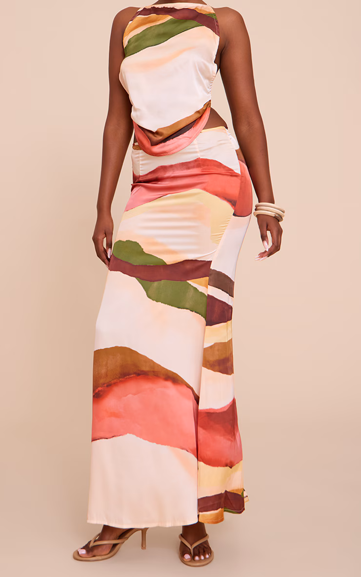 Multi Abstract Print Satin Floaty Maxi Skirt