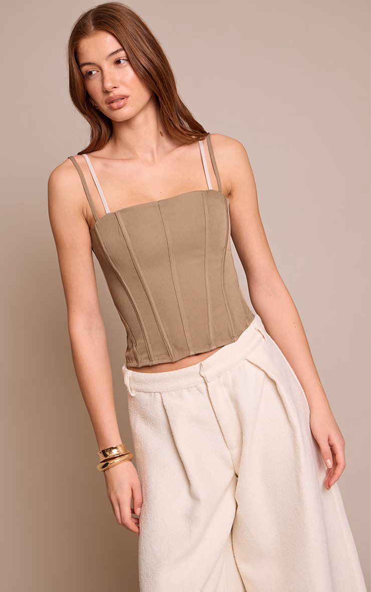 Mushroom Contrast Woven Strappy Corset