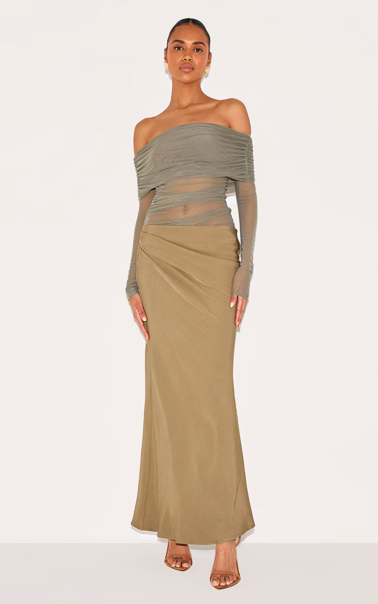 Olive Satin Mesh Detail Bardot Maxi Dress