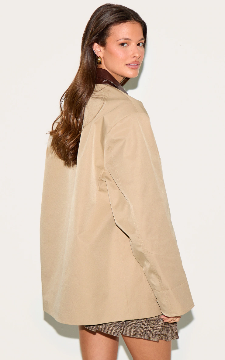 Beige Contrast Collar Rubberised Jacket
