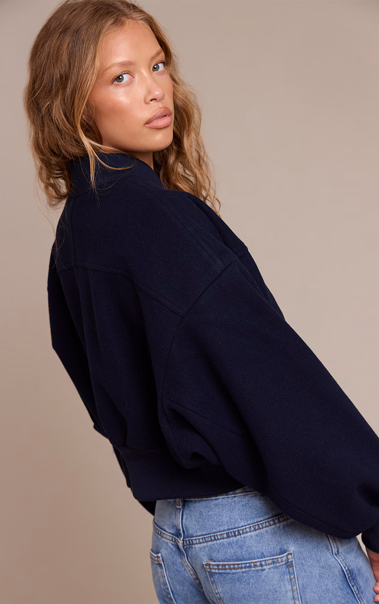 Navy Ruched Sleeve Cropped Bomber Jacket