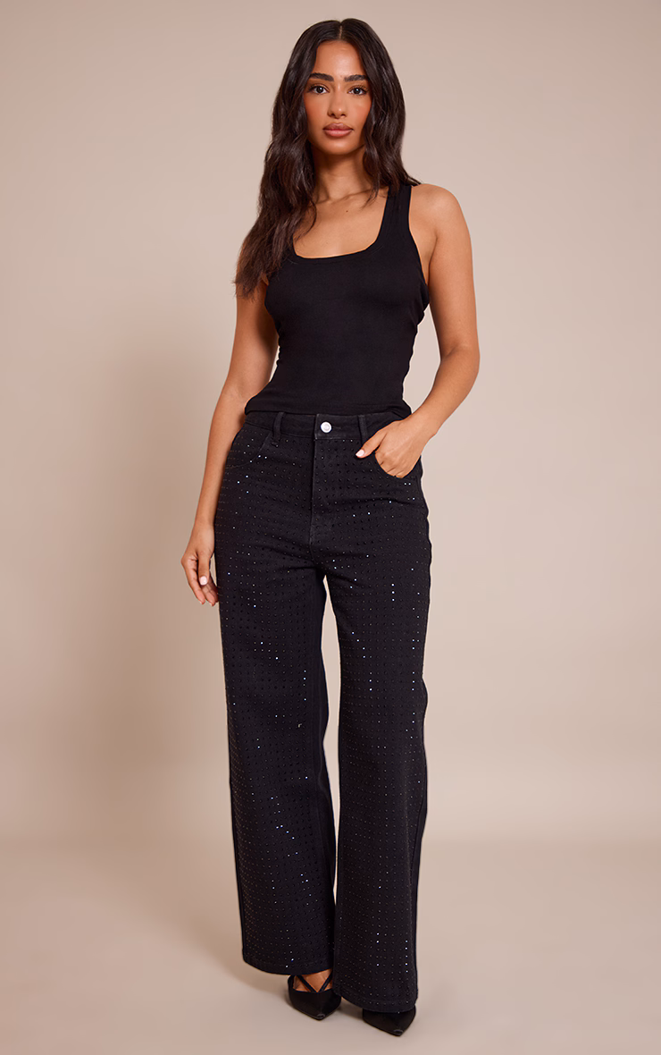 Petite Black Mid Waist Diamante Straight Leg Denim Jeans
