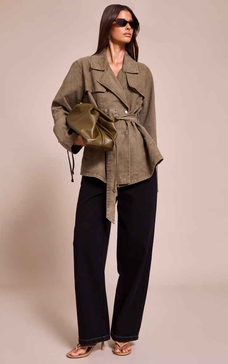 Olive Belted Cropped Denim Trench