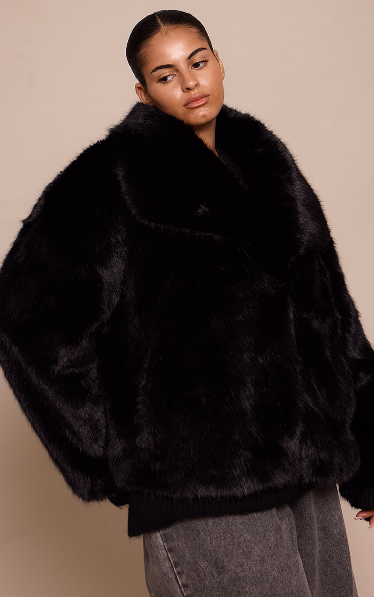 Plus Black Faux Fur Short Shawl Collar Coat