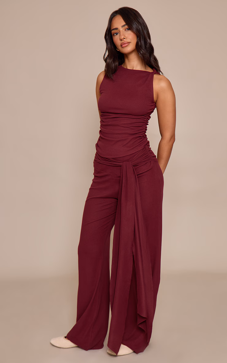Petite Burgundy Drape Detail Wide Leg Pants