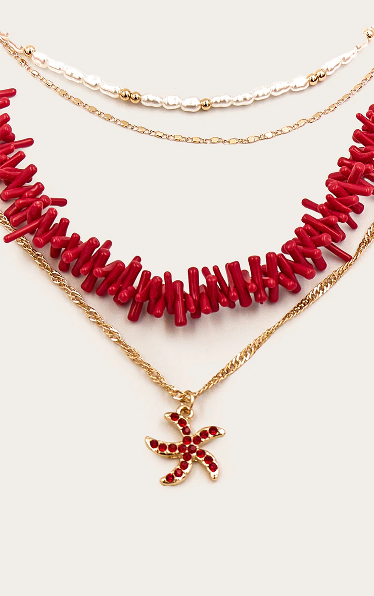 Red Beaded Layered Starfish Pendant Necklace
