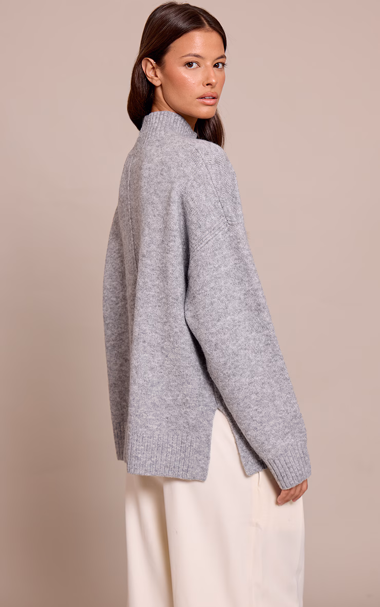 Light Grey Marl Oversized Polo Neck Knitted Sweater