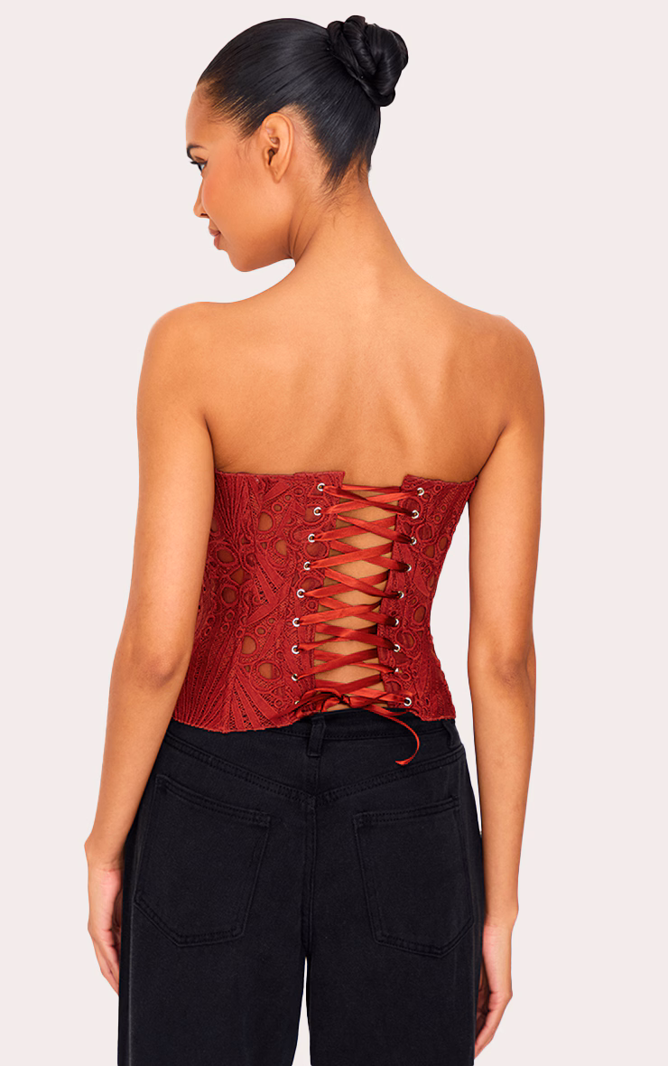 Burnt Orange Textured Sheer Floral Lace Corset