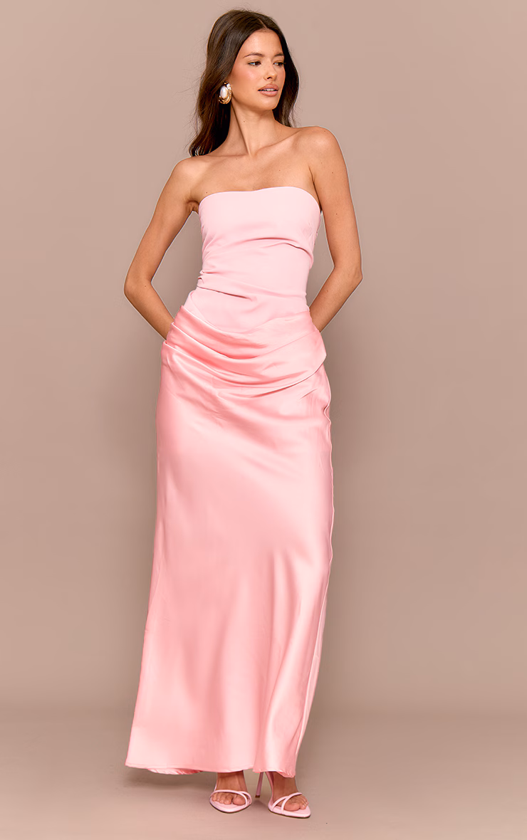 Pale Rose Bandeau Satin Drape Detail Midaxi Dress