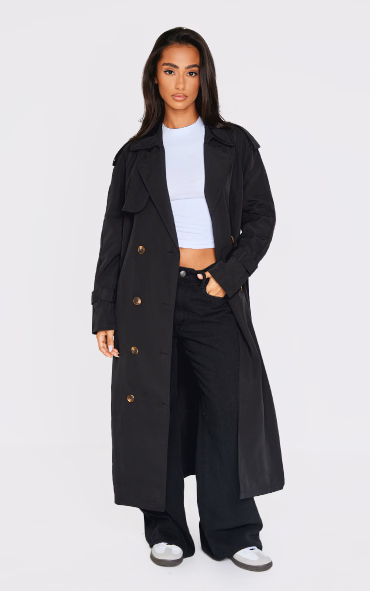 Petite Black Tie Waist Trench Coat