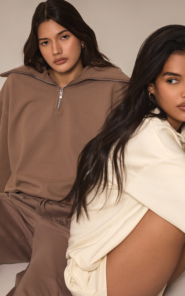 Mocha Premium Loopback Quarter Zip Foldover Sweatshirt