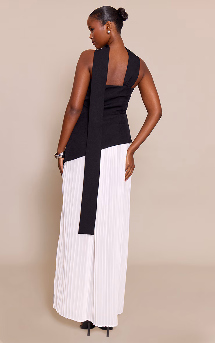 Black Contrast Pleated Skirt Maxi Dress